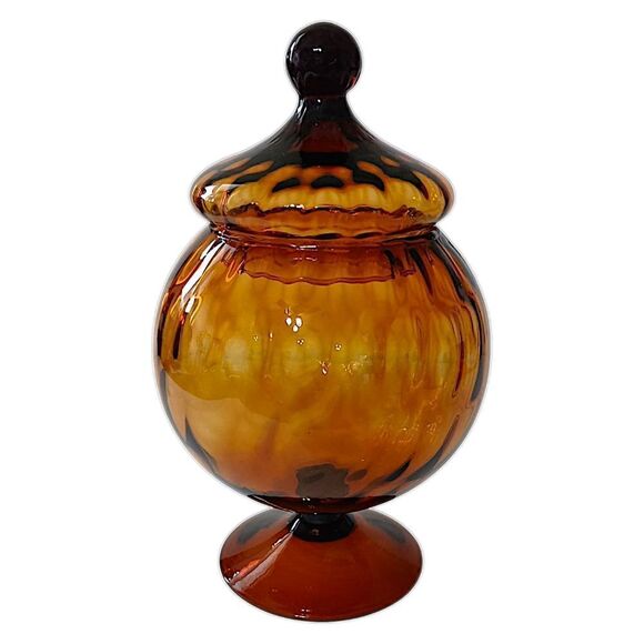 Empoli Amber Glass Candy Dish Lid Apothecary Jar Circus Tent Optic Panel Italy - Picture 10 of 16